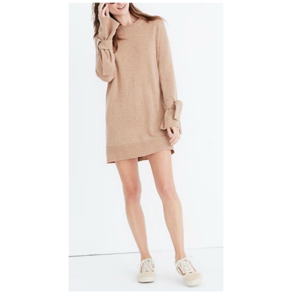 Madewell Merino Wool Tie Cuff Long Sleeve Mini Sweater Dress in Camel Brown